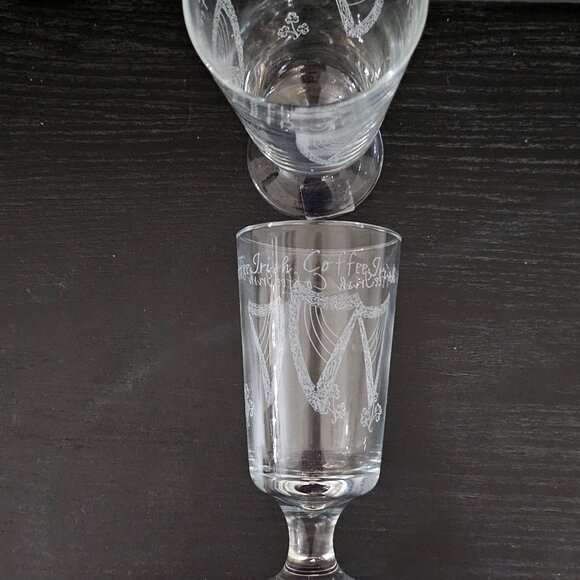 Eamon Irish Coffee Glass Set Pair Stemmed Etched Harp Shamrock Hand Etched - Picture 7 of 8